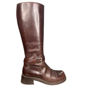 Prada Women’s Brown Leather Block Heel Riding Boot Size 38.5 US 8.5